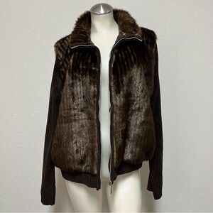 VINTAGE Y2K Women’s Brown Faux Fur Sweater Sleeve Zip Up Jacket Sz L